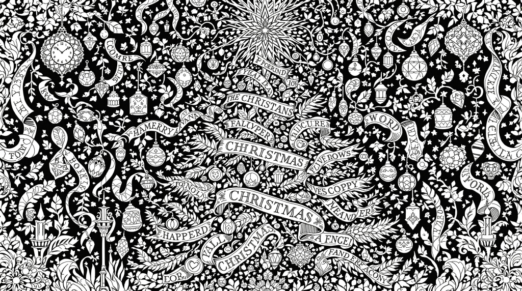 An intricate baroque Christmas ornamental pattern coloring page featuring elaborate decorative scrollwork and holiday messages.