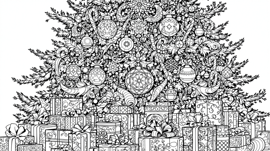 An intricate Christmas tree coloring page featuring elaborate ornaments and beautifully wrapped presents at its base.