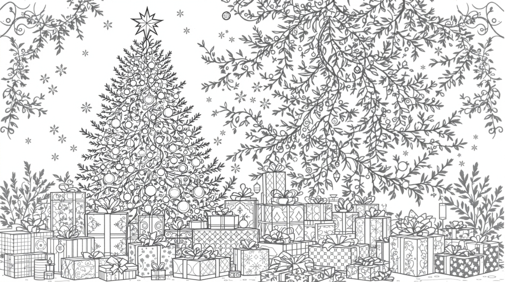 An intricate Christmas tree coloring page features elaborate ornaments and beautifully wrapped gifts beneath twin decorative trees.