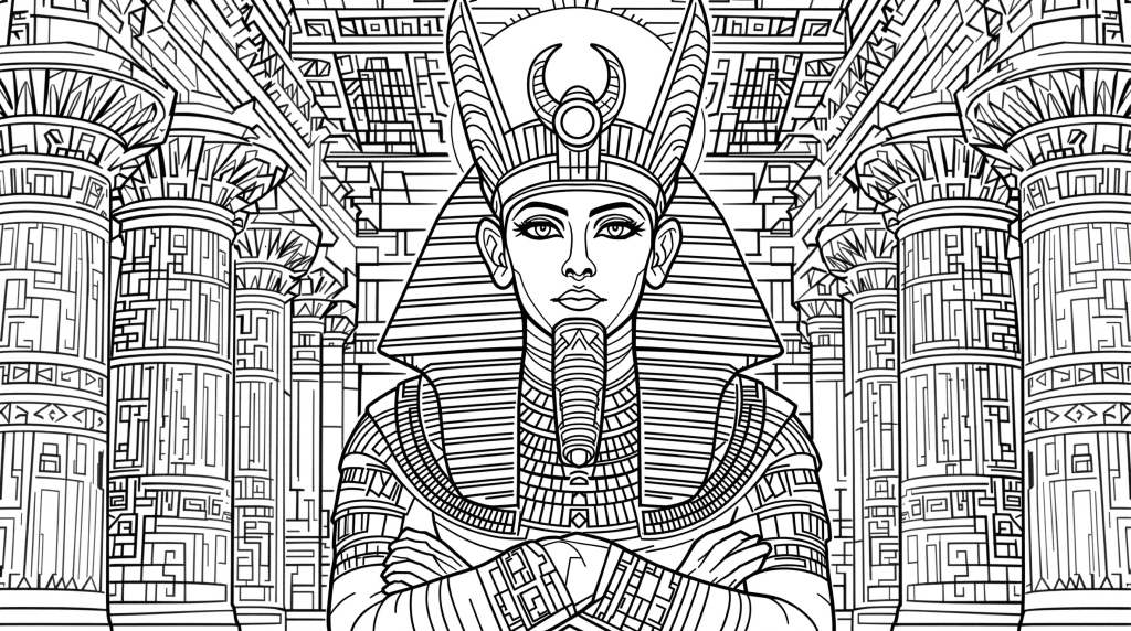 古代エジプト神オシリス塗り絵 - 神殿と王冠の緻密な装飾デザイン