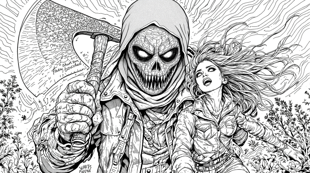 恐ろしい骸骨の死神が斧を振りかざして女性を追いかける、緻密なホラー塗り絵