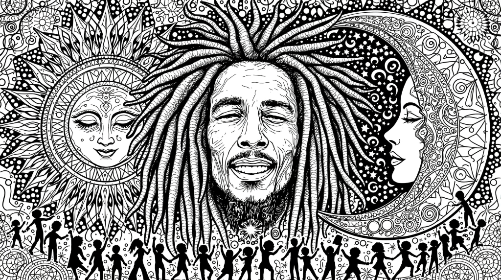 ボブ・マーリーの肖像画を中心に太陽と月、踊る子供たちのシルエットが描かれた精巧な曼荼羅塗り絵