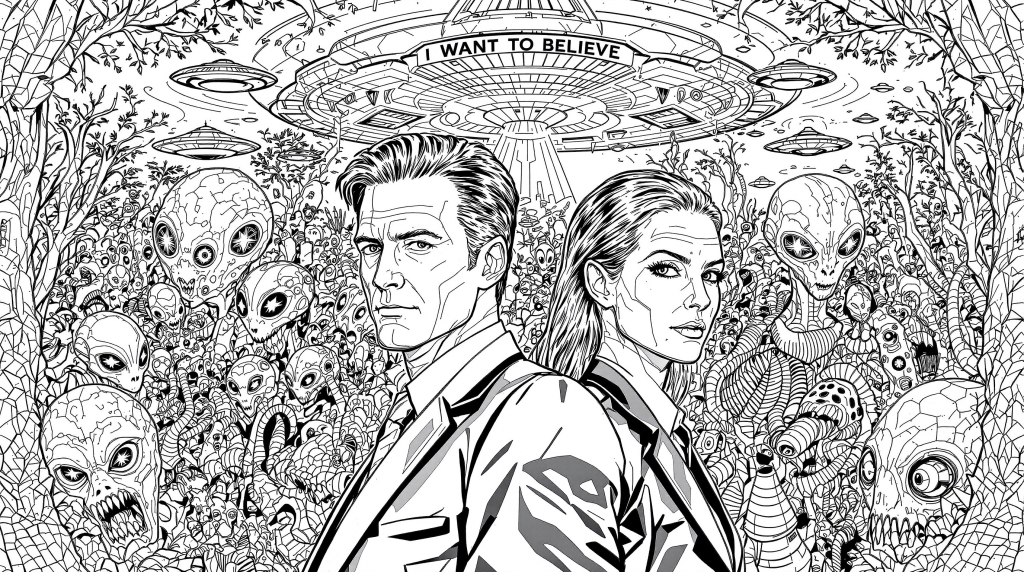 An intricate X-Files coloring page featuring agents Mulder and Scully surrounded by detailed aliens and UFOs.