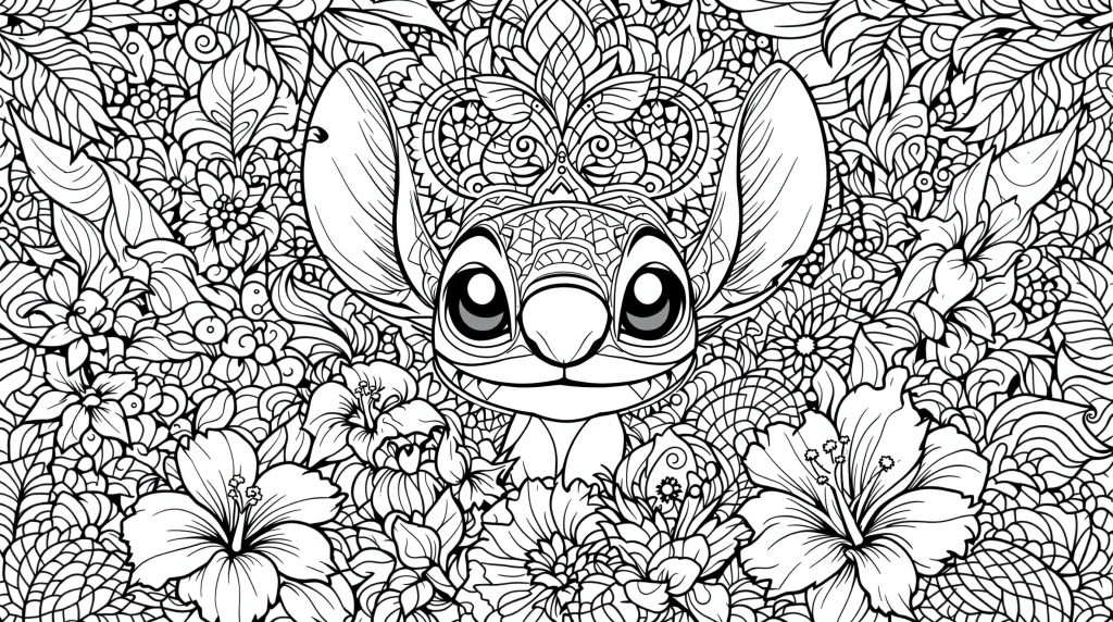 An intricate Stitch coloring page featuring elaborate tropical flowers and mandala patterns surrounding the beloved Disney character.