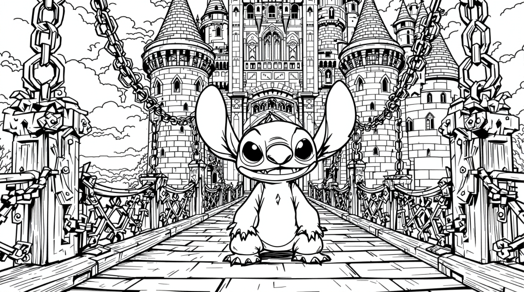 Intricate Stitch coloring page featuring the beloved character standing on a medieval castle drawbridge with elaborate architectural details.