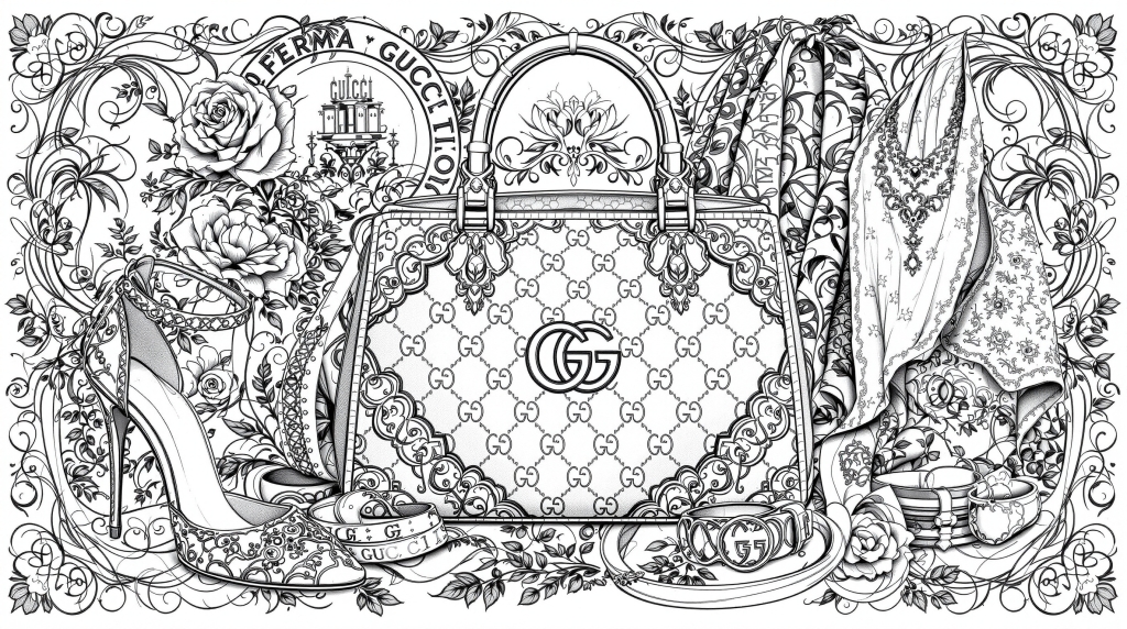 En elegant luksusmode-farveside med en udsmykket Gucci-inspireret håndtaske omgivet af barokke dekorative elementer.