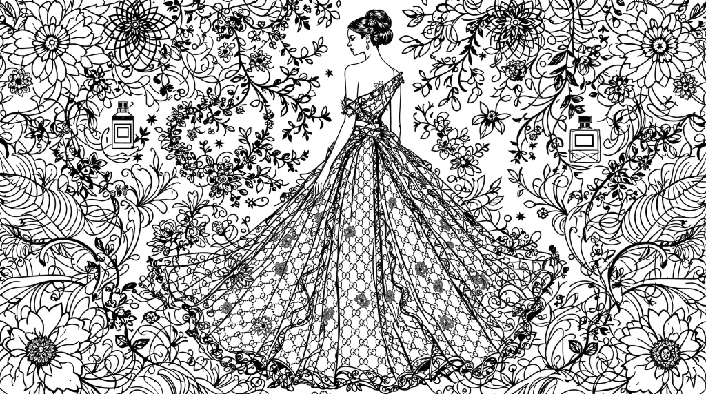 En elegant modemodel farveside med haute couture kjole inspireret af Gucci og indviklet blomsterkant.