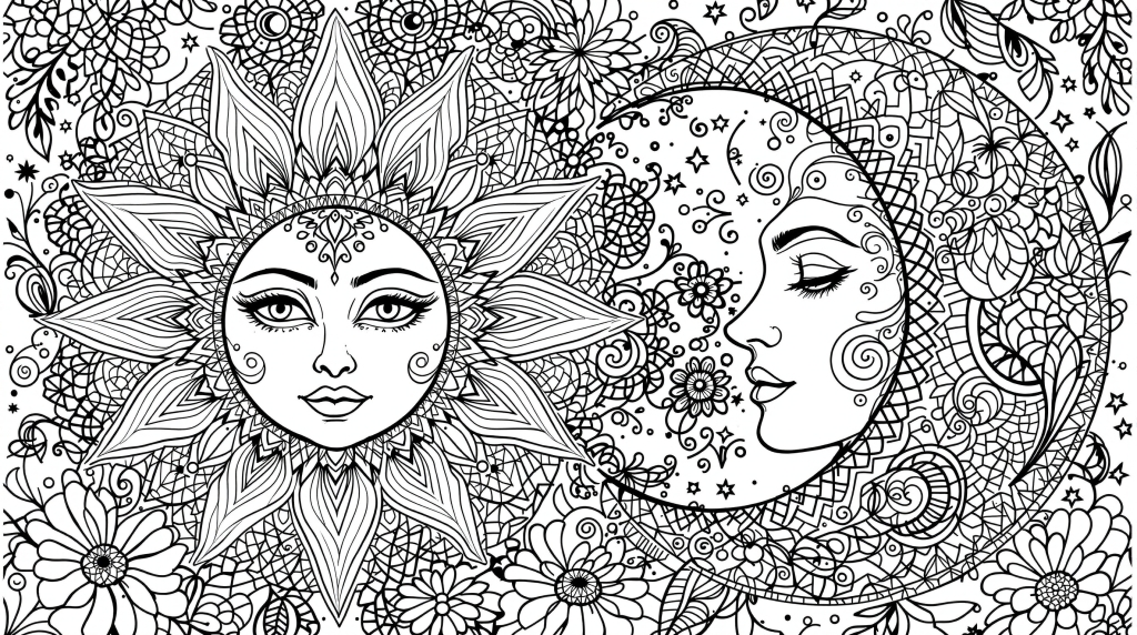 An intricate sun and crescent moon coloring page surrounded by detailed mandalas, stars, and floral decorative elements.