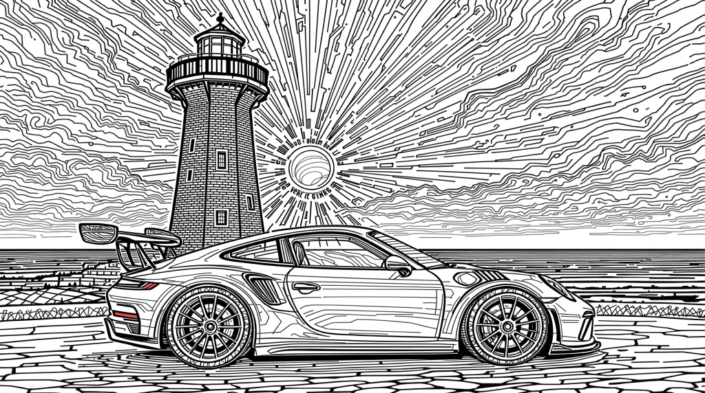 A sophisticated Porsche 911 with rear spoiler parked in front of the iconic Kołobrzeg lighthouse during a dramatic sunset scene.