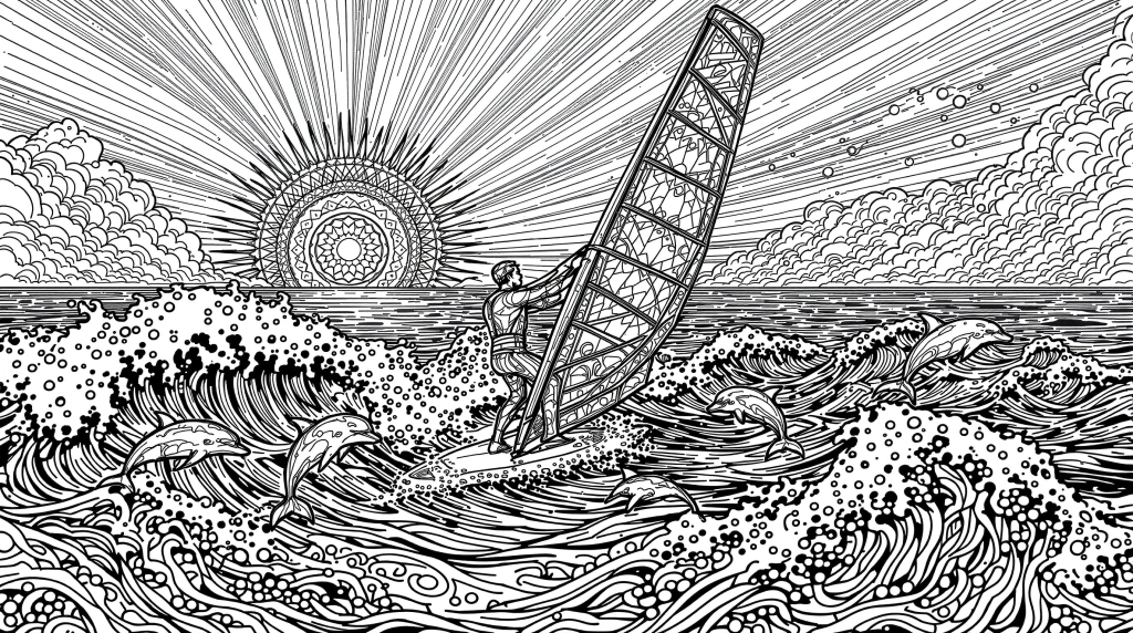 詳細な海の波を泳ぐイルカと複雑な日の出シーンを特徴とする洗練されたウィンドサーフィンぬりえページ。