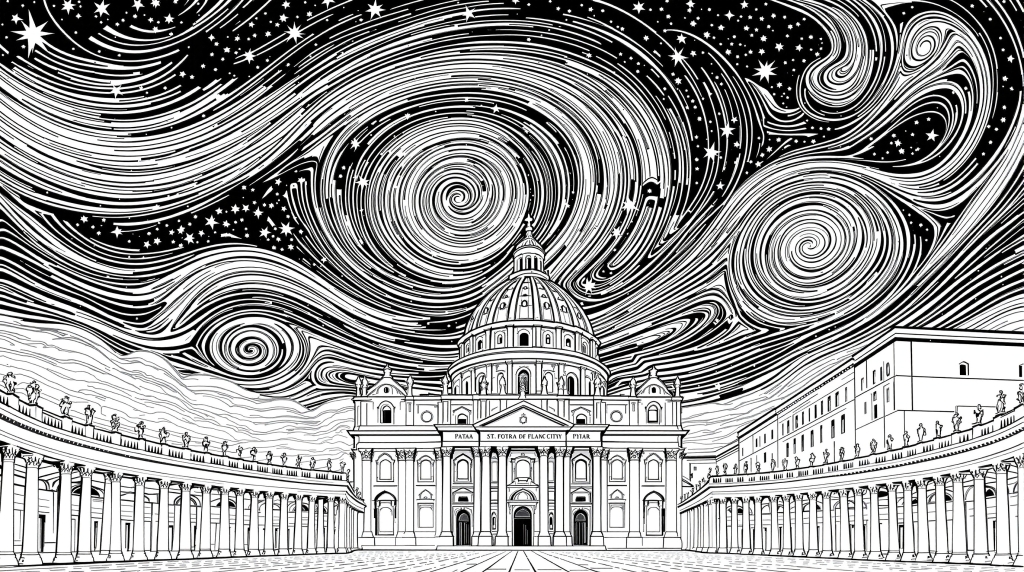 Une page de coloriage détaillée en noir et blanc représentant la Basilique Saint-Pierre sous un ciel étoilé tourbillonnant inspiré de Van Gogh.