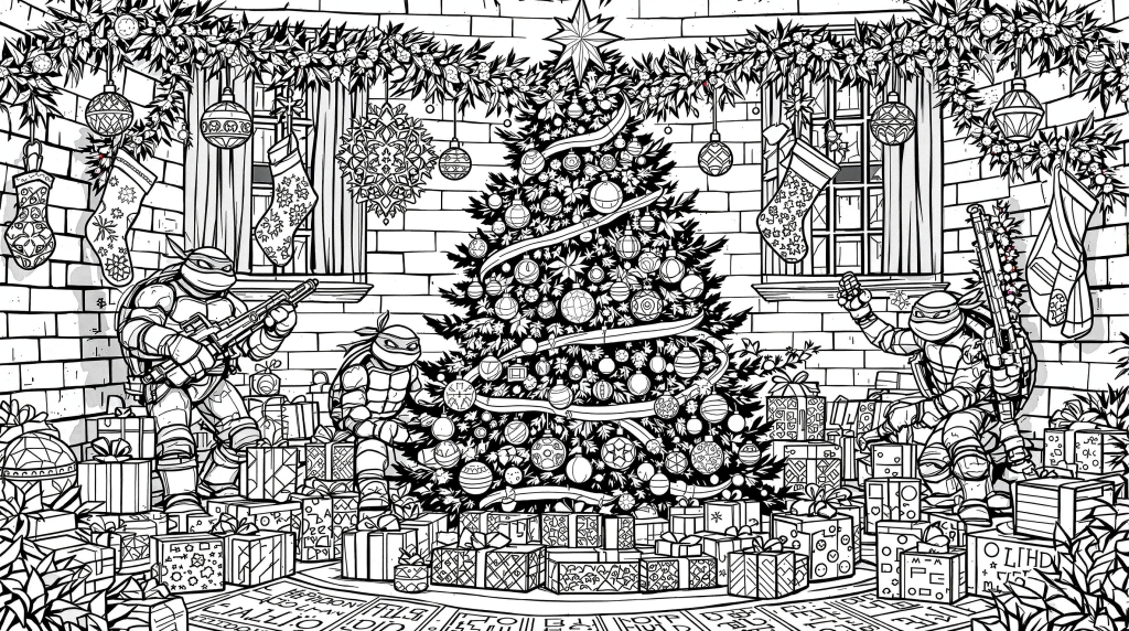 A detailed Christmas-themed Ninja Turtles coloring page featuring festive holiday decorations and intricate line art.