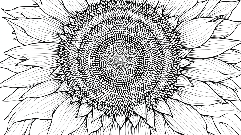 Une magnifique page de coloriage de tournesol botanique avec un art linéaire complexe et des motifs de centre détaillés.