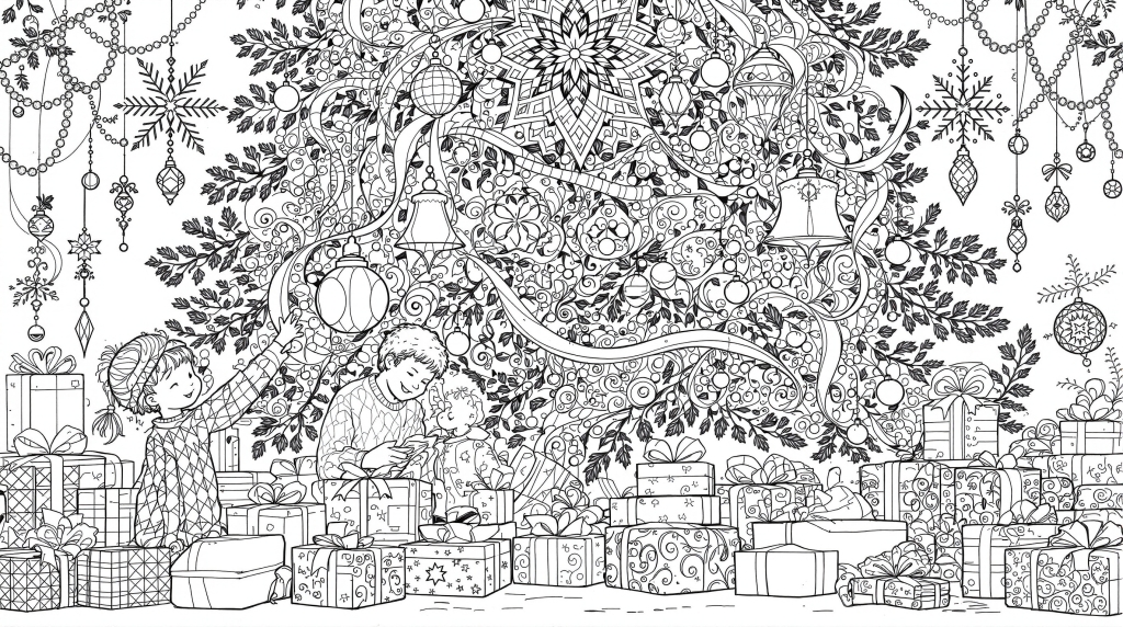 En invecklad julgrans-färgläggningssida med utsmyckade dekorationer, inslagna presenter och en förtjusande barnfigur perfekt för vuxna att färglägga.