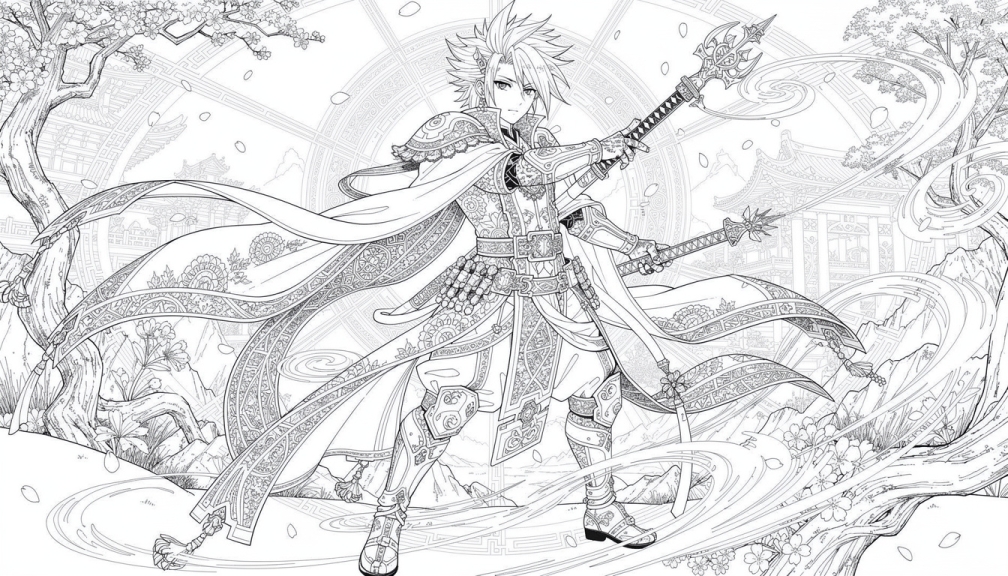 Una pagina da colorare di personaggio anime maschile intricato con guerriero tradizionale dell'Asia orientale con lancia ornamentale e sfondo architettonico dettagliato.