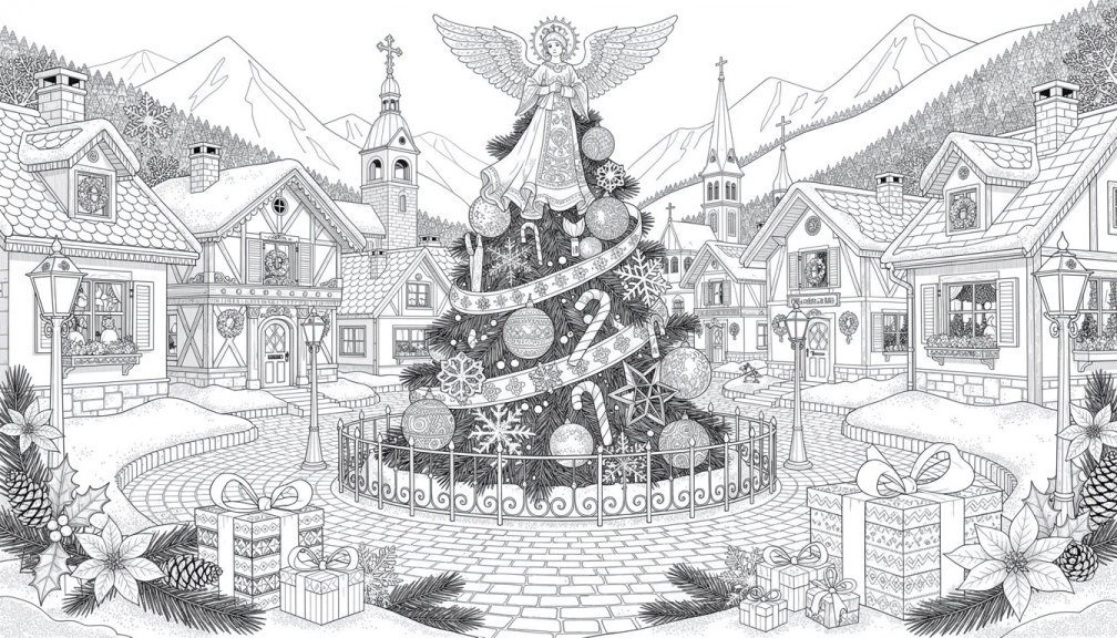 Una página para colorear de árbol de Navidad intrincada con un magnífico abeto en el centro de un encantador pueblo alpino con arquitectura detallada.