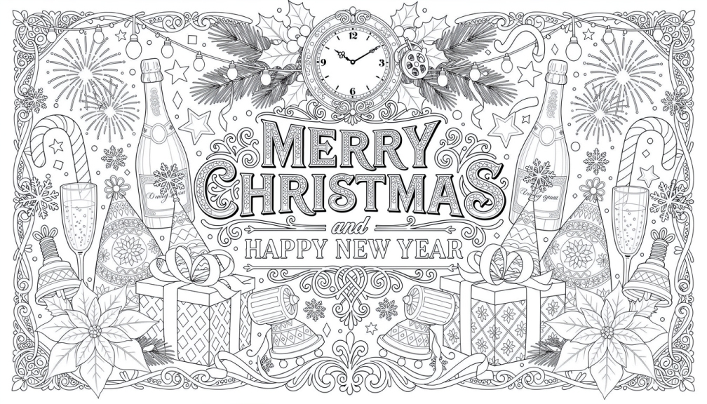 An intricate black and white coloring page featuring ornate 'Merry Christmas and Happy New Year' text surrounded by detailed holiday elements.
