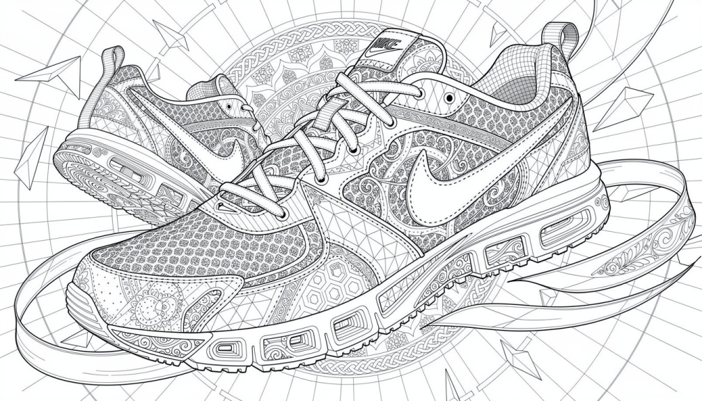 An intricate Nike athletic sneaker coloring page featuring elaborate mandala patterns, geometric designs, and detailed textures perfect for adult coloring enthusiasts.
