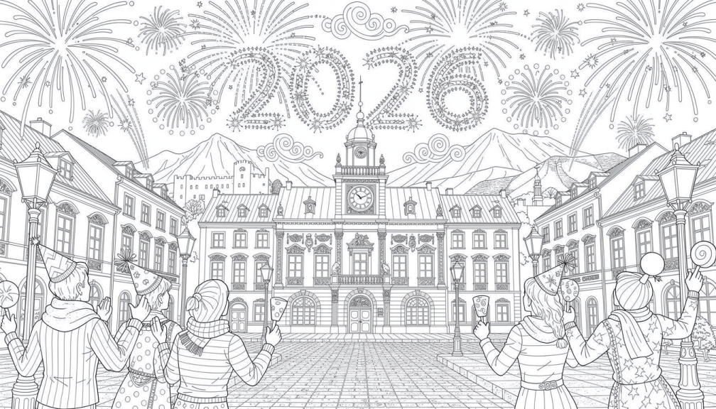 An intricate New Year 2026 fireworks coloring page featuring the historic cityscape of Bielsko-Biała, Poland with celebrating people and elaborate firework displays.