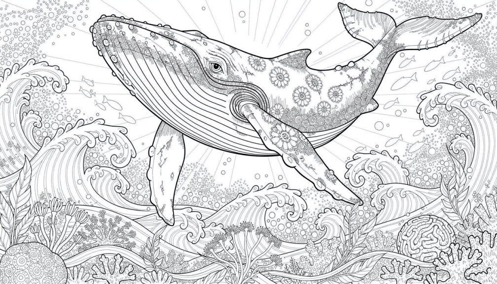 En realistisk puckelval färgläggningssida med invecklade anatomiska detaljer som simmar diagonalt genom ornamenterade jugendstilshavsvågor.