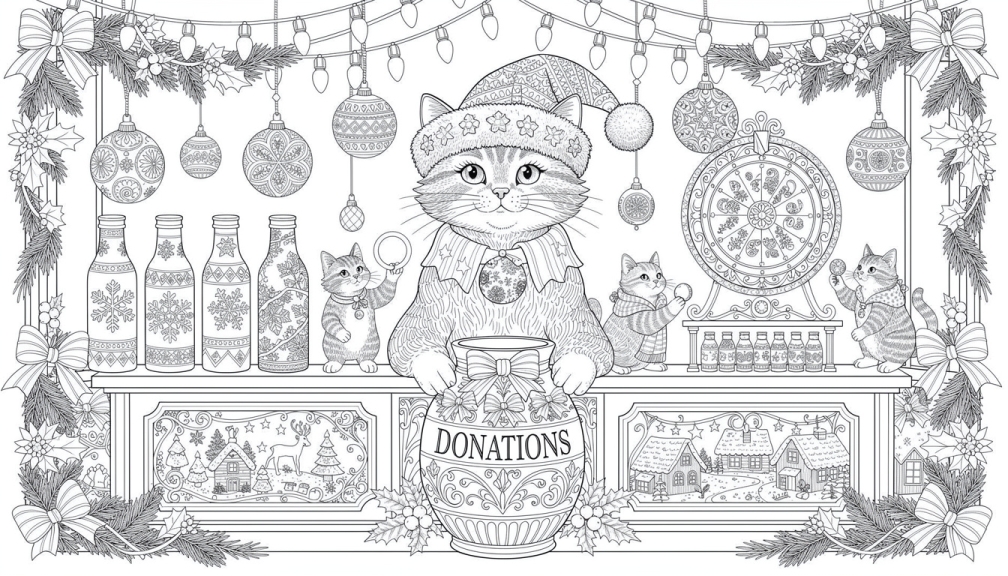 Noel Baba şapkalı şenlikli bir kedinin süslenmiş bir bağış standının arkasında yer aldığı detaylı bir Noel kedisi bağış toplama boyama sayfası.