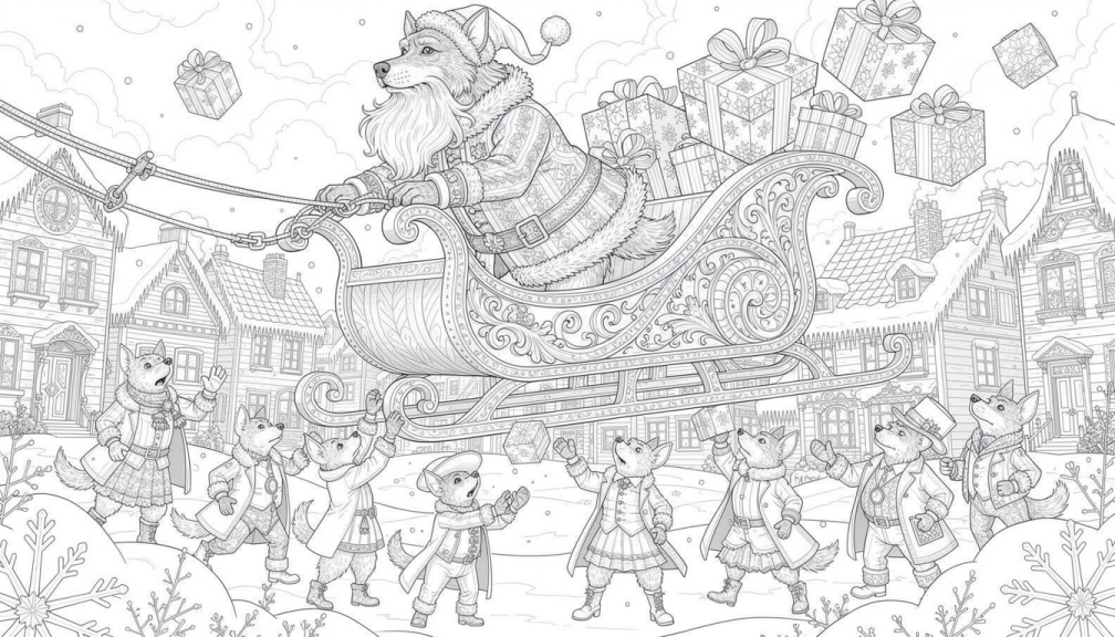 Ein verspielter Hund als Weihnachtsmann verkleidet wirft Geschenke aus einem verzierten Schlitten zu einem Dorf voller Hundeeinwohner.
