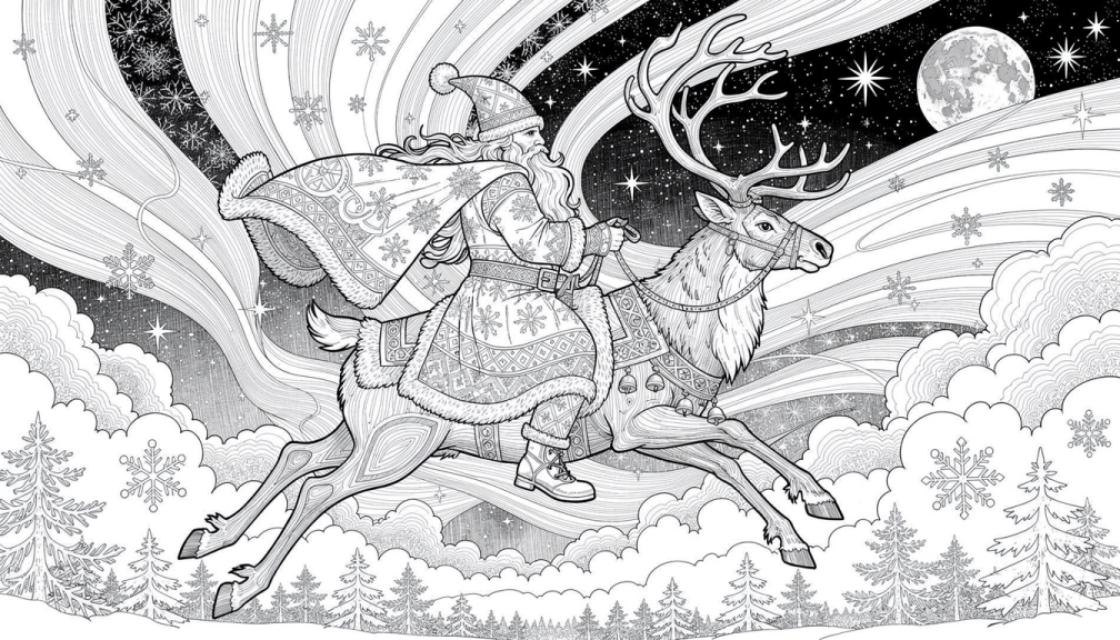 Joulupukki rider på en ren genom natthimlen med norrsken som dansar bakom i denna detaljerade målarbok för vuxna.