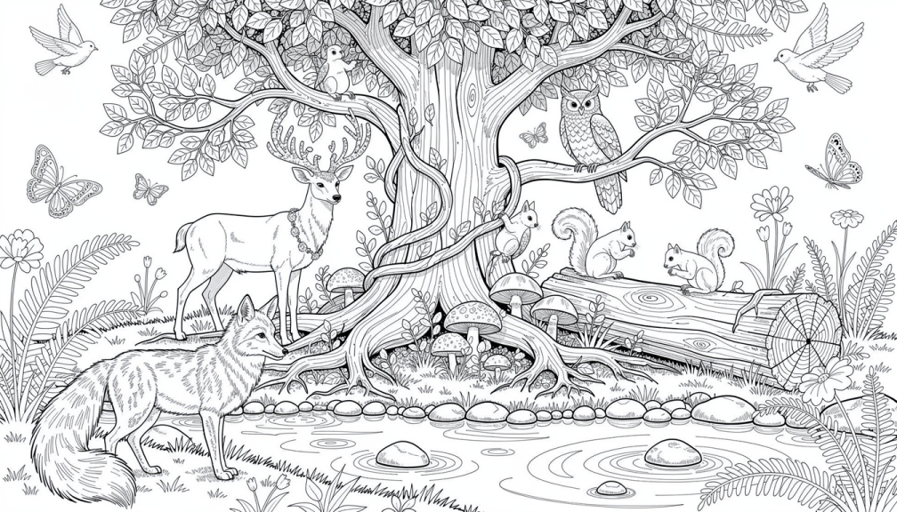 En majestætisk gammel træ med dyreliv farvelægningsside med indviklede detaljer af et naturligt landskab med hjort, ugle, ræv og dam.