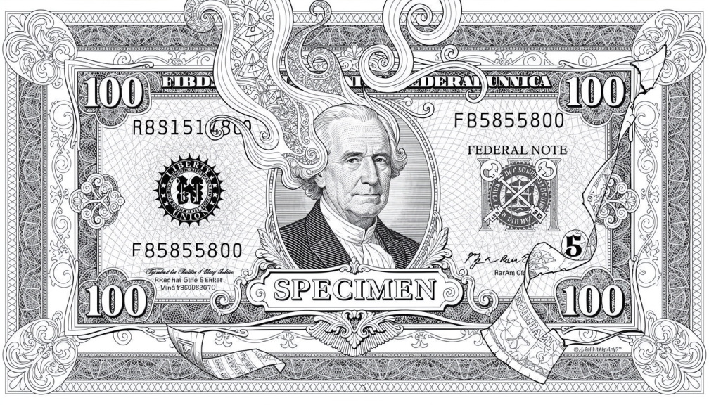 En detaljerad färgläggningssida av en Federal Reserve Liberty Loan specimen-sedel med utsmyckade barocka ornament och intrikata graveringar.