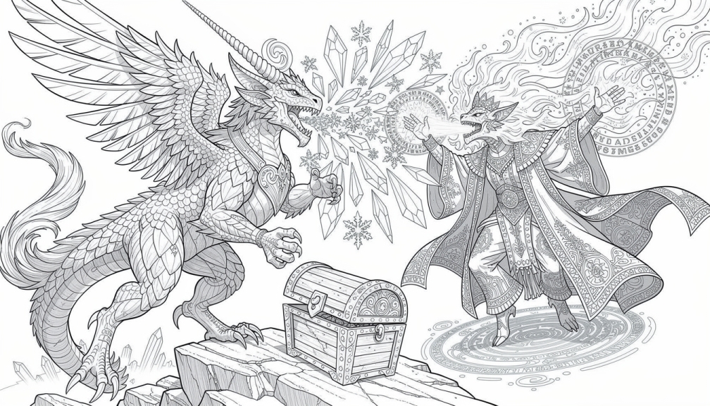 Deux monstres mythologiques se battent pour un coffre au trésor doré orné dans un coloriage détaillé aux éléments fantastiques.