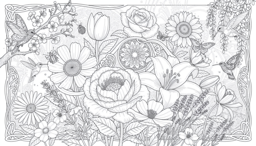 A lush garden of roses, peonies, and wisteria blooms within a Celtic-inspired border.