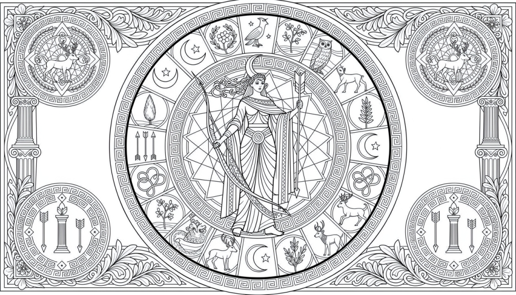 Artemis, Greek goddess of the hunt, stands within a circular stained glass mandala design.