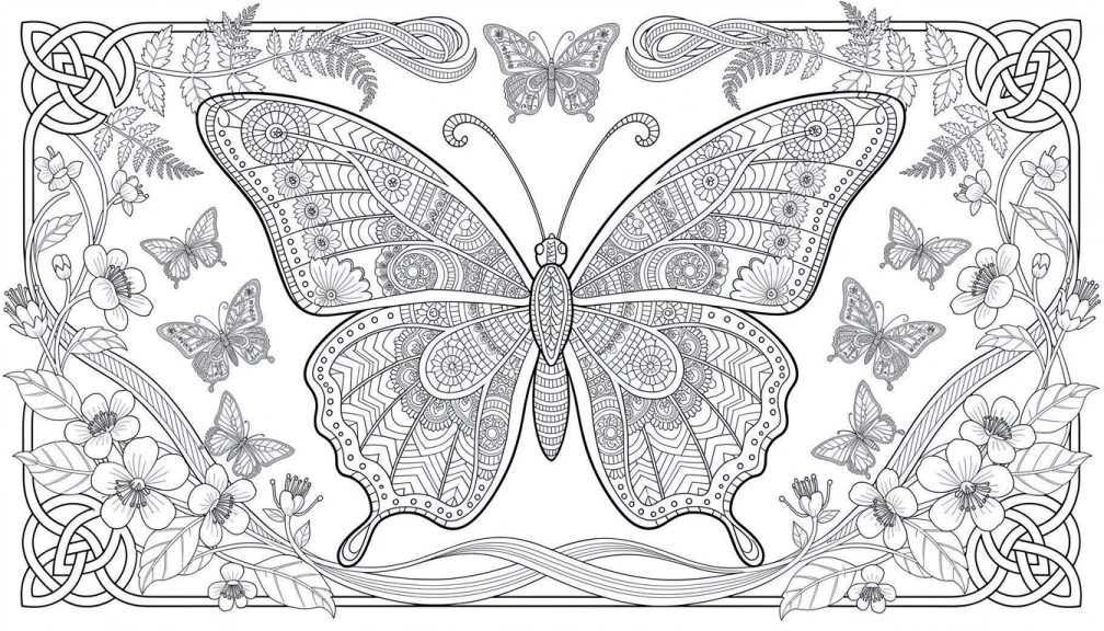 A butterfly spreads ornate wings filled with mandala patterns and geometric designs, framed by wildflowers and Celtic corner knots.