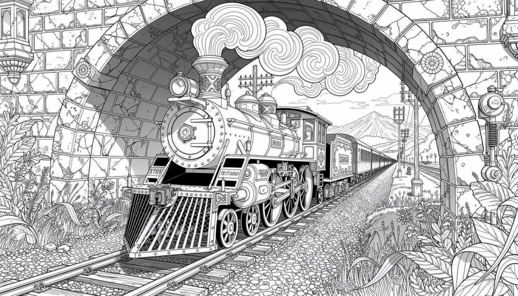 A vintage steam locomotive bursts from a stone tunnel arch with billowing clouds.