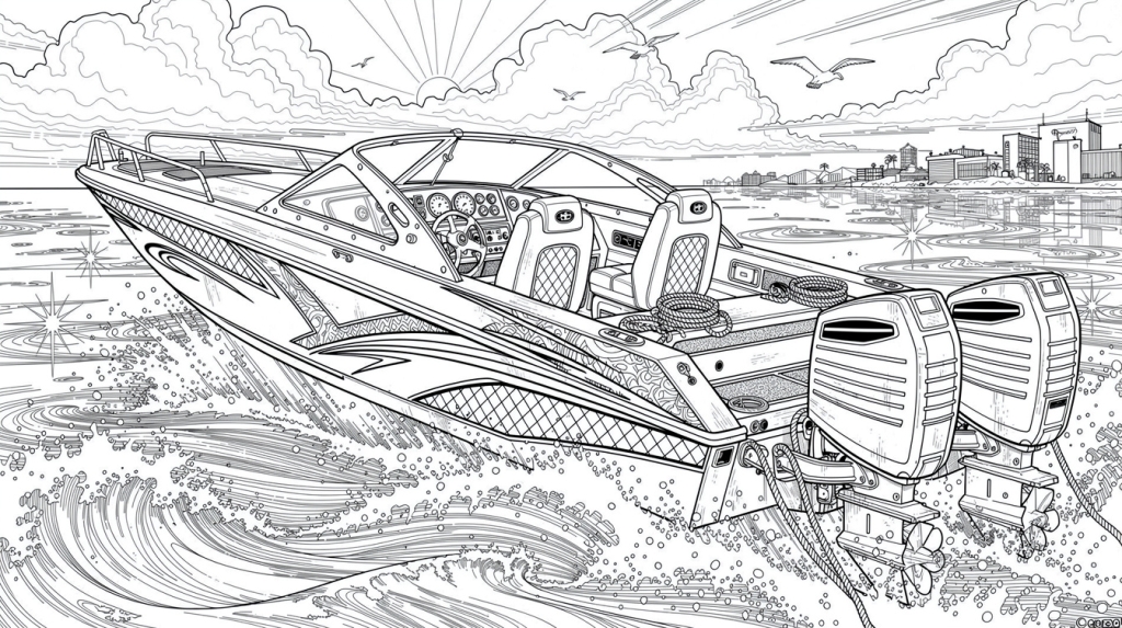 A high-performance speedboat with triple outboard motors races across choppy ocean waves toward a city skyline.