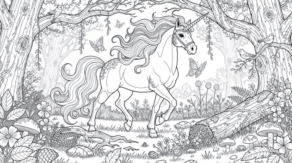 A graceful unicorn prances through an enchanted forest framed by ancient trees.