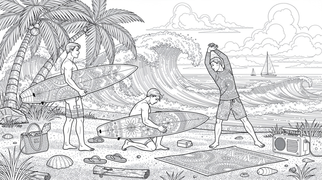Three surfers prep their boards on a tropical beach with towering palms and rolling waves.