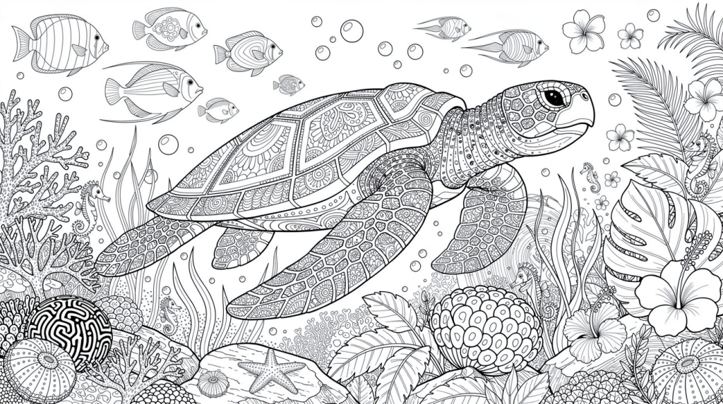 A sea turtle glides through Hawaiian coral reefs surrounded by tropical fish and flowers.