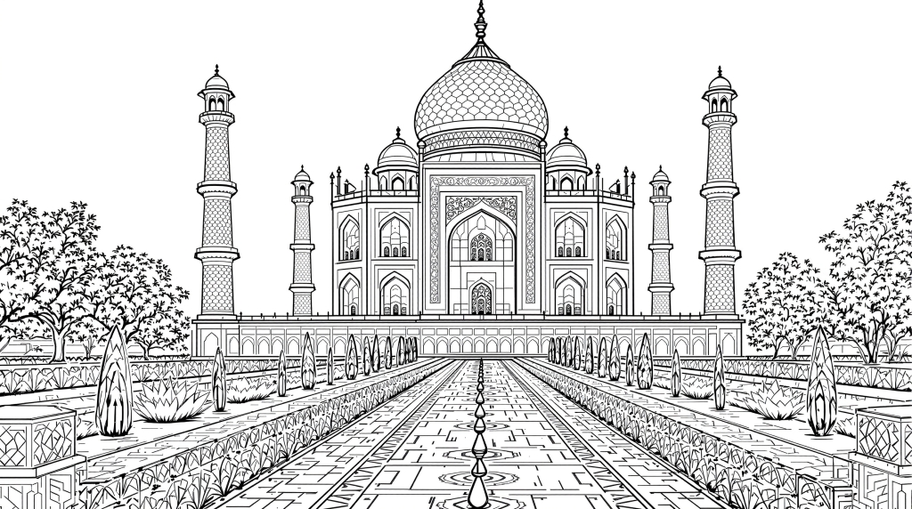 タージマハルの塗り絵 - イスラム建築の幾何学模様と繊細な装飾が楽しめる大人向けぬりえ