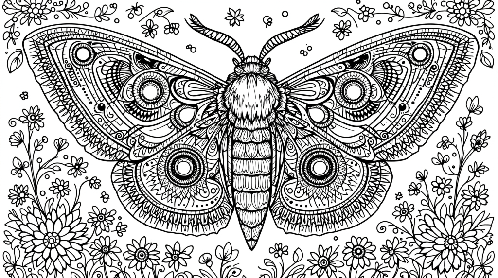 ふわふわの蛾の塗り絵 - マンダラ模様の羽と繊細なボタニカル要素が美しい大人向けデザイン