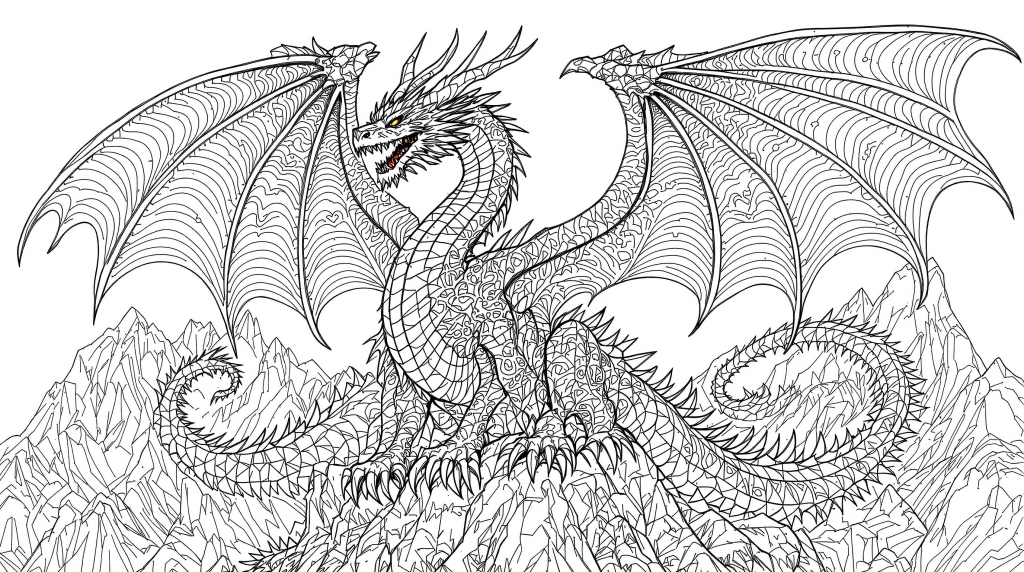 A magnificent mythological dragon coloring page featuring spread wings perched majestically on rocky mountain peaks.