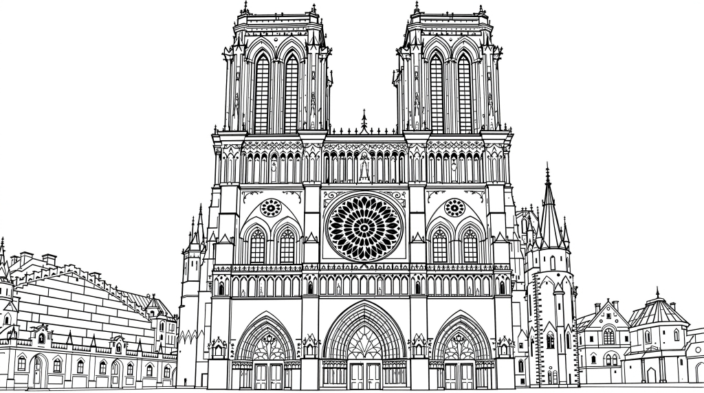 ノートルダム大聖堂の塗り絵 - ゴシック建築の精密な双塔とバラ窓を描いた大人向けコロリアージュ