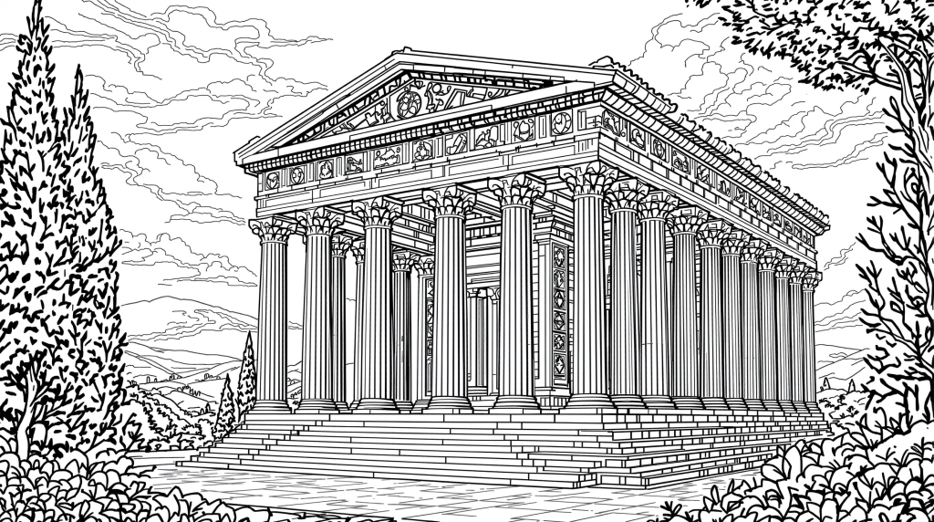 エフェソスのアルテミス神殿の塗り絵 - 精巧なイオニア式円柱と古代ギリシャ建築の大人向け塗り絵ページ