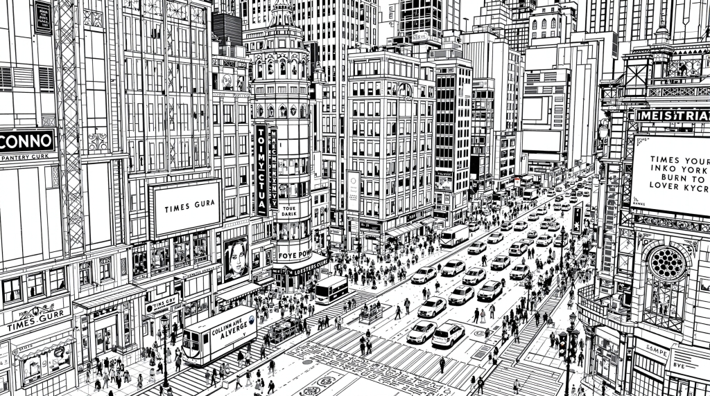 ニューヨーク・タイムズスクエアの精密な大人の塗り絵 - ビル群・人々・車両を描いた白黒線画