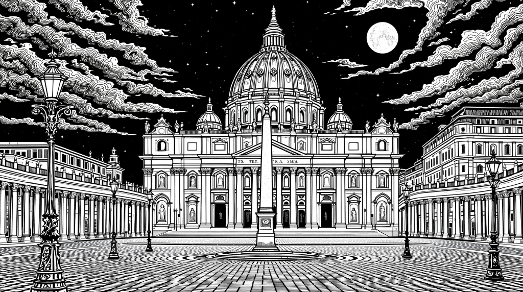 ローマのサン・ピエトロ大聖堂の夜景 精緻な建築とドラマチックな夜空の大人の塗り絵