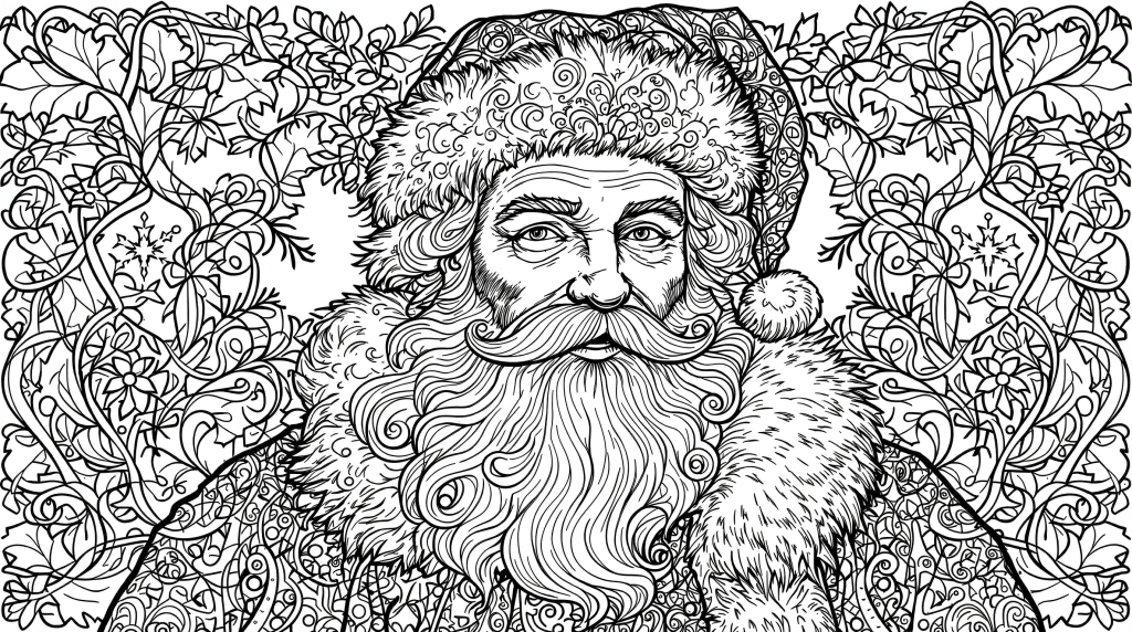 An elaborate Santa Claus portrait coloring page featuring intricate baroque-style details and ornate floral border decorations.