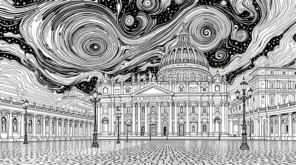 Uma página de colorir intricada da Basílica de São Pedro sob uma noite estrelada com postes de luz ornamentados projetando sombras detalhadas.