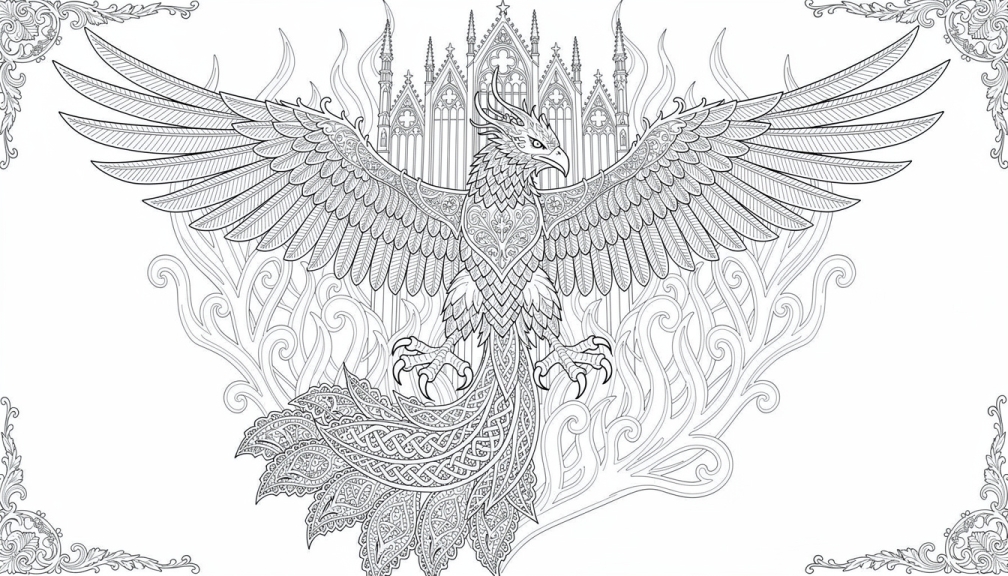 Güneydoğu Asya tapınak mimarisi ve özenle işlenmiş geleneksel süsleme desenleri içeren karmaşık bir Garuda boyama sayfası.
