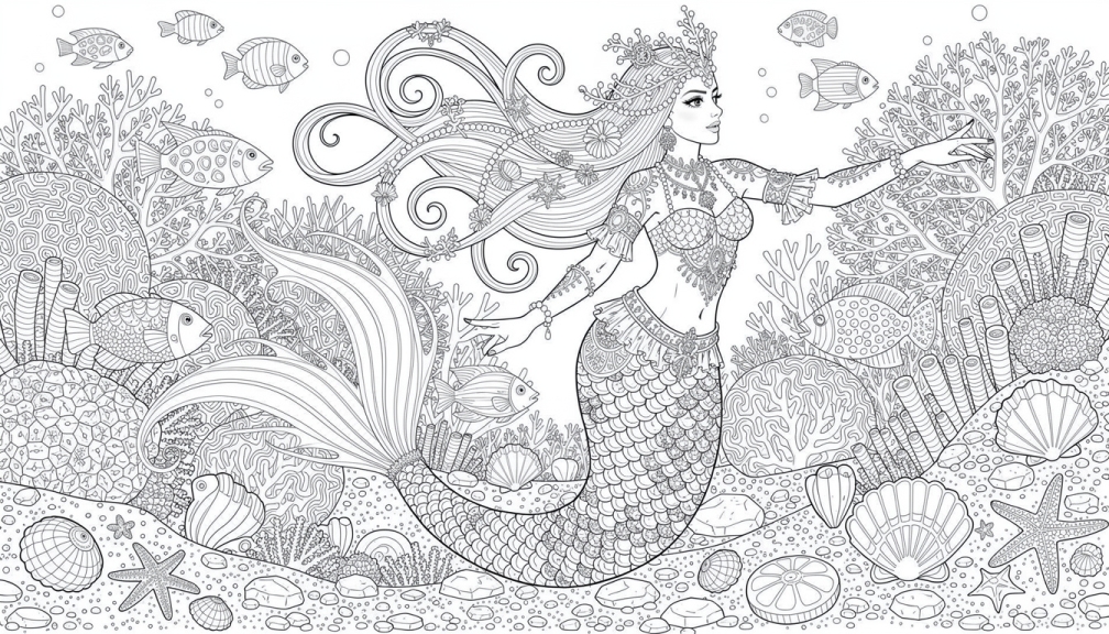 Uma sereia elegante com cabelos flutuantes repousa graciosamente entre recifes de coral intrincados e peixes tropicais nesta página de colorir submarina detalhada.