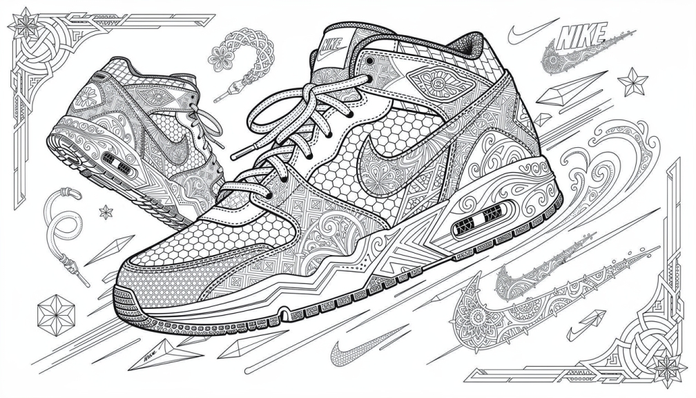 An intricate black and white Nike sneaker coloring page featuring detailed high-top athletic shoes with elaborate mandala patterns and geometric designs.